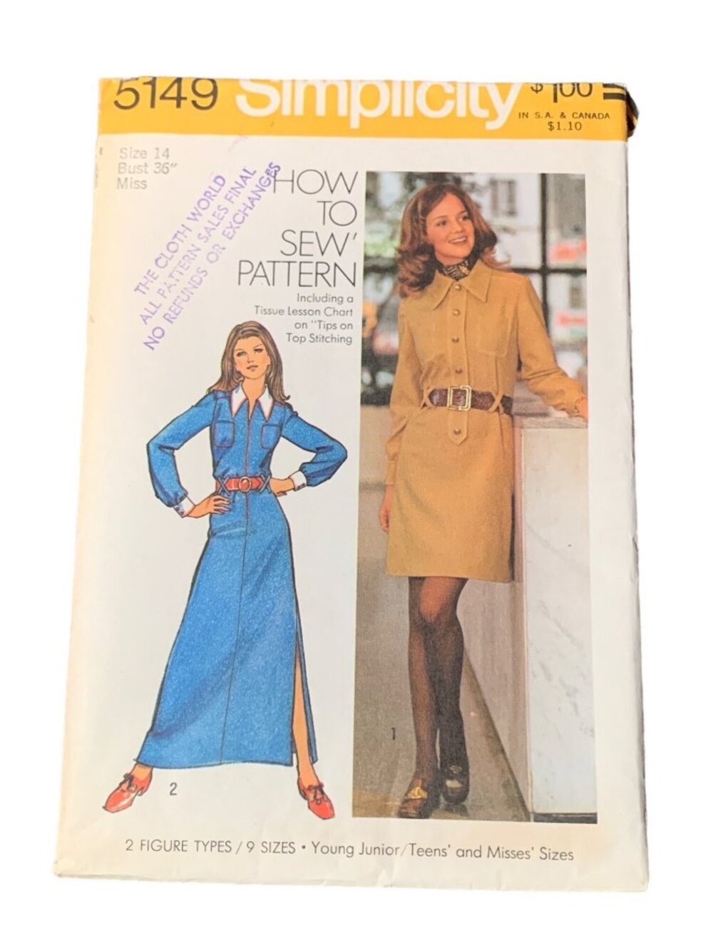 Simplicity 5149 Sewing Pattern Misses Shirt-Dress Size 14 Uncut